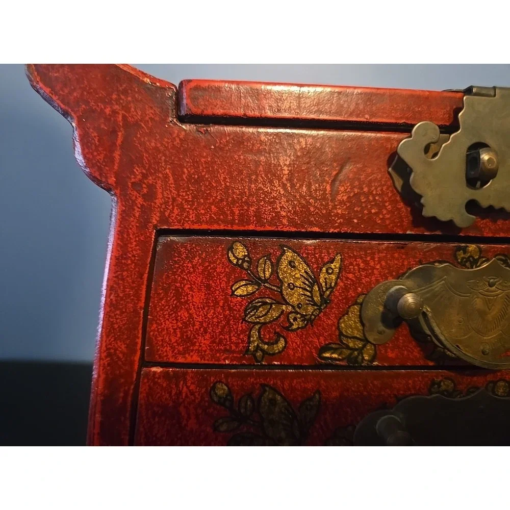 Old‎ Chinese Red lacquerware Wood Dragon Phoenix Flower Drawer Makeup Box
